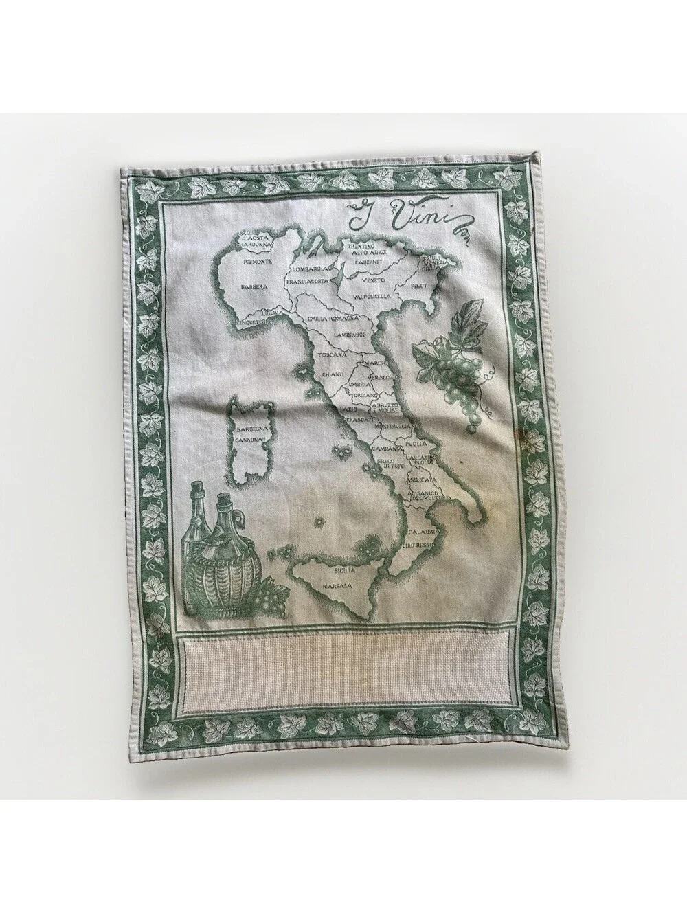 VTG Graziano Italy Wine Map Tea Towel Cotton Jacquard Green I Vini Italian READ!
